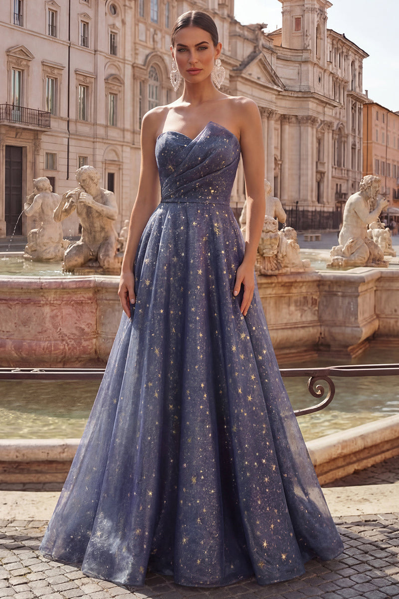 Load image into Gallery viewer, Dusty Blue Long Ruched Strapless A Line Glitter Prom Dress