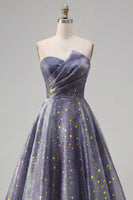 Load image into Gallery viewer, Dusty Blue Long Ruched Strapless A Line Glitter Prom Dress