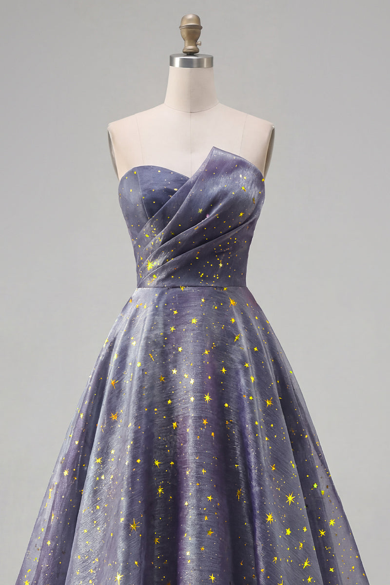 Load image into Gallery viewer, Dusty Blue Long Ruched Strapless A Line Glitter Prom Dress