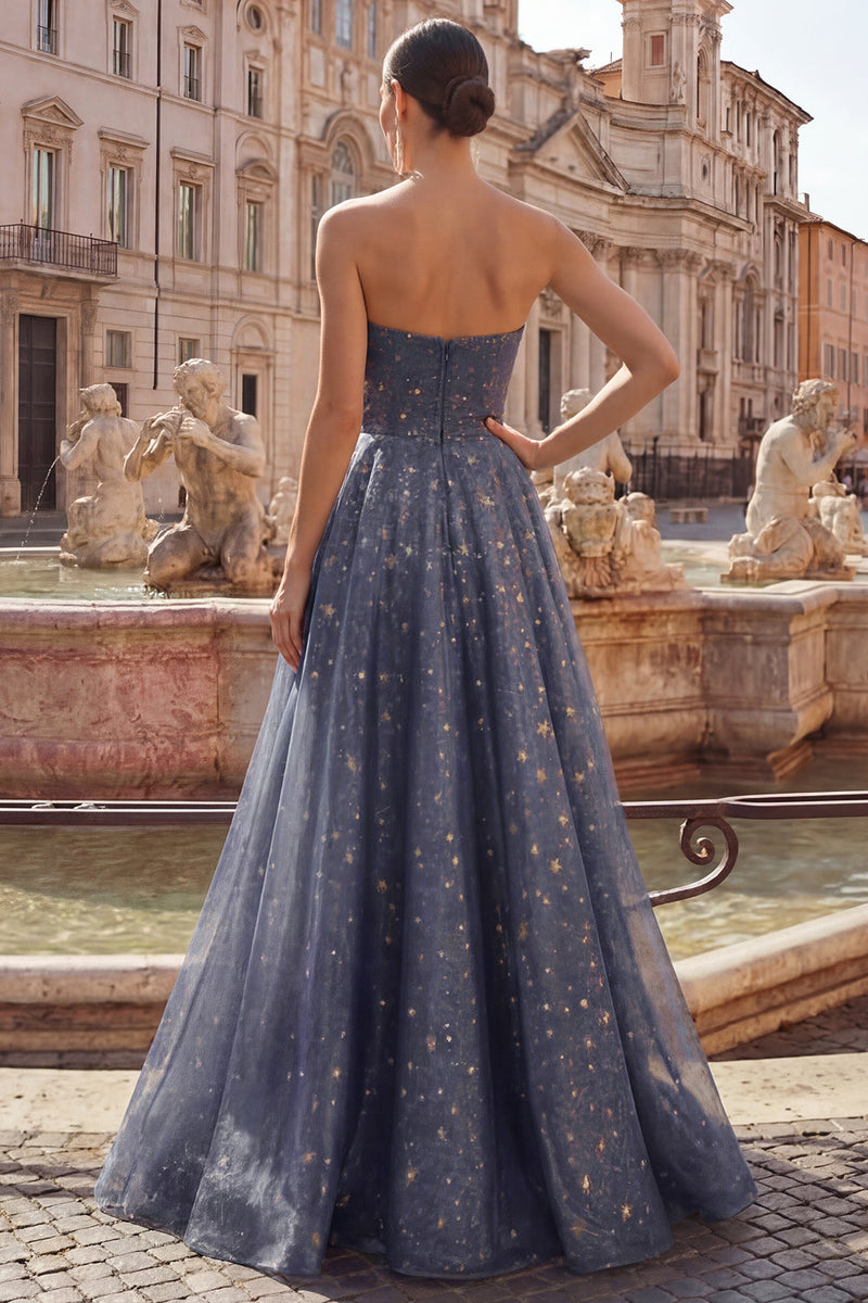 Load image into Gallery viewer, Dusty Blue Long Ruched Strapless A Line Glitter Prom Dress