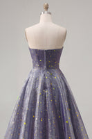 Load image into Gallery viewer, Dusty Blue Long Ruched Strapless A Line Glitter Prom Dress