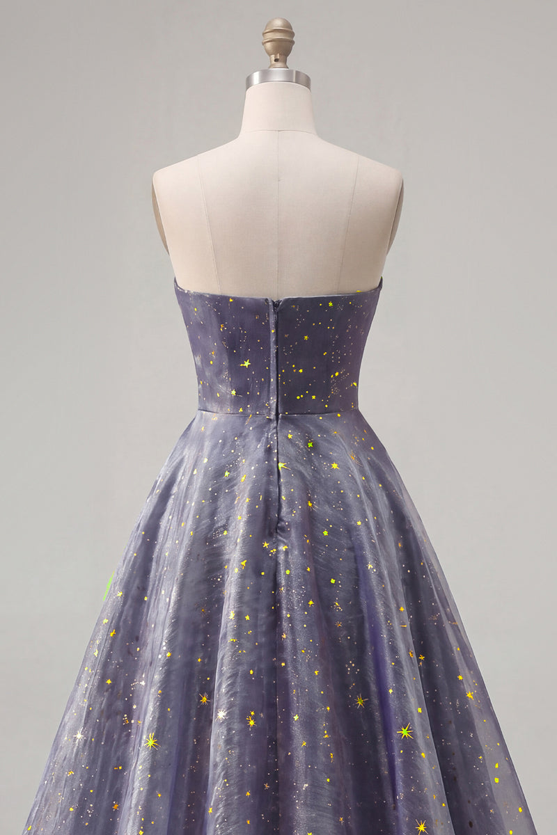 Load image into Gallery viewer, Dusty Blue Long Ruched Strapless A Line Glitter Prom Dress