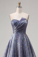 Load image into Gallery viewer, Dusty Blue Long Ruched Strapless A Line Glitter Prom Dress