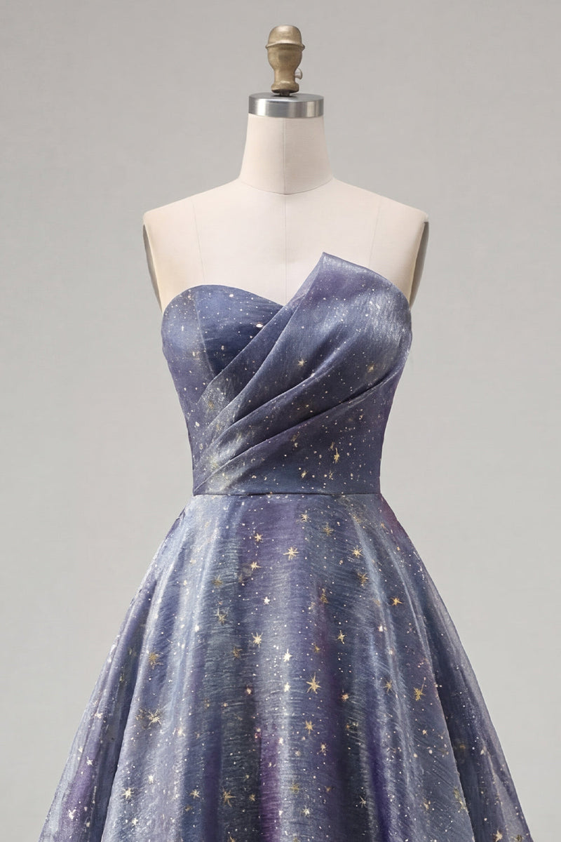 Load image into Gallery viewer, Dusty Blue Long Ruched Strapless A Line Glitter Prom Dress