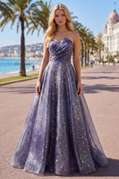Load image into Gallery viewer, Dusty Blue Long Ruched Strapless A Line Glitter Prom Dress