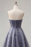 Load image into Gallery viewer, Dusty Blue Long Ruched Strapless A Line Glitter Prom Dress