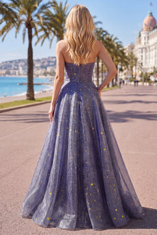 Dusty Blue Long Ruched Strapless A Line Glitter Prom Dress