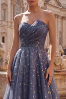 Load image into Gallery viewer, Dusty Blue Long Ruched Strapless A Line Glitter Prom Dress
