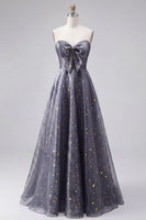 Load image into Gallery viewer, A Line Dusty Blue Strapless Long Glitter Prom Dress with Bow