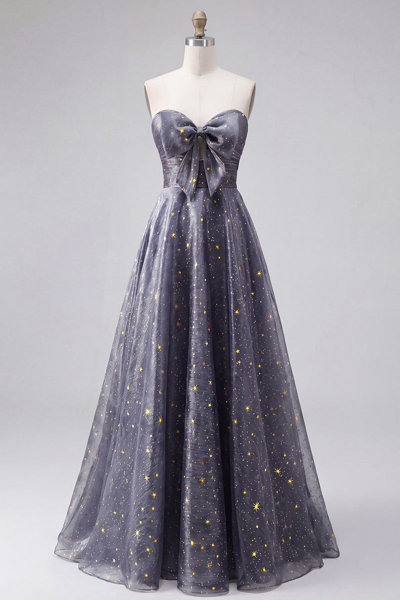 Load image into Gallery viewer, A Line Dusty Blue Strapless Long Glitter Prom Dress with Bow