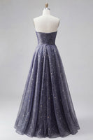 Load image into Gallery viewer, A Line Dusty Blue Strapless Long Glitter Prom Dress with Bow