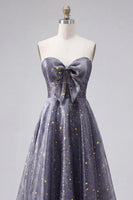 Load image into Gallery viewer, A Line Dusty Blue Strapless Long Glitter Prom Dress with Bow