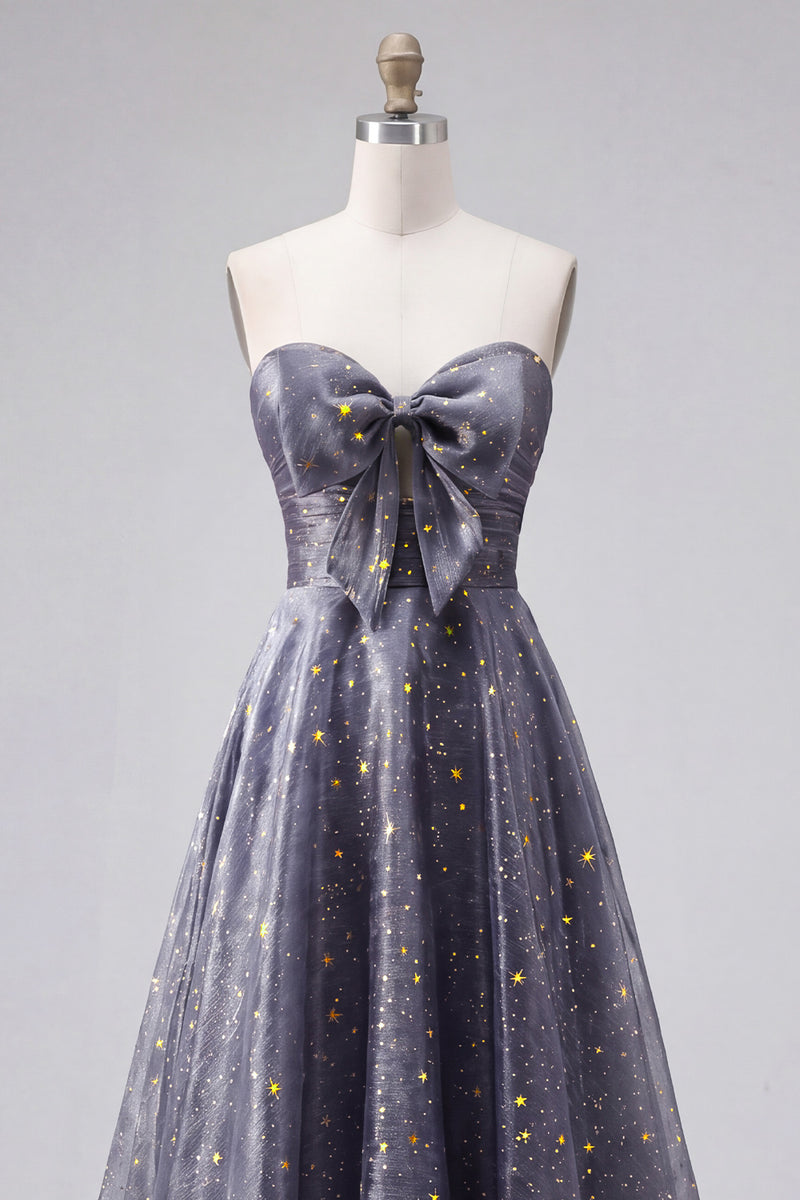 Load image into Gallery viewer, A Line Dusty Blue Strapless Long Glitter Prom Dress with Bow