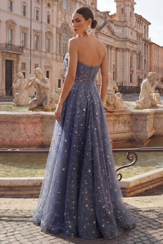 A Line Dusty Blue Strapless Long Glitter Prom Dress with Bow