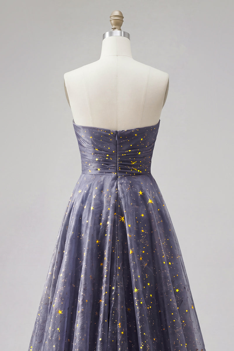 Load image into Gallery viewer, A Line Dusty Blue Strapless Long Glitter Prom Dress with Bow
