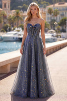 Load image into Gallery viewer, A Line Dusty Blue Strapless Long Glitter Prom Dress with Bow