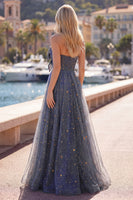 Load image into Gallery viewer, A Line Dusty Blue Strapless Long Glitter Prom Dress with Bow