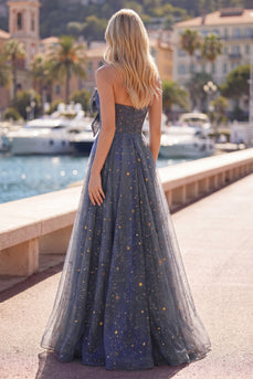 A Line Dusty Blue Strapless Long Glitter Prom Dress with Bow