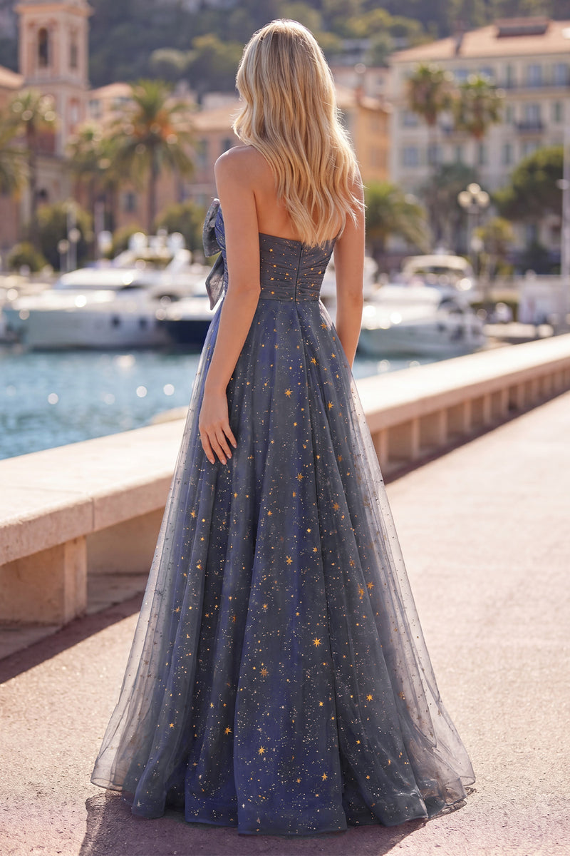 Load image into Gallery viewer, A Line Dusty Blue Strapless Long Glitter Prom Dress with Bow