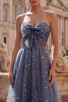 Load image into Gallery viewer, A Line Dusty Blue Strapless Long Glitter Prom Dress with Bow