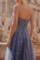 Load image into Gallery viewer, A Line Dusty Blue Strapless Long Glitter Prom Dress with Bow