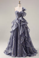 Load image into Gallery viewer, Ruffled Dusty Blue Ruched Long A Line Glitter One Shoulder Prom Dress with Bows