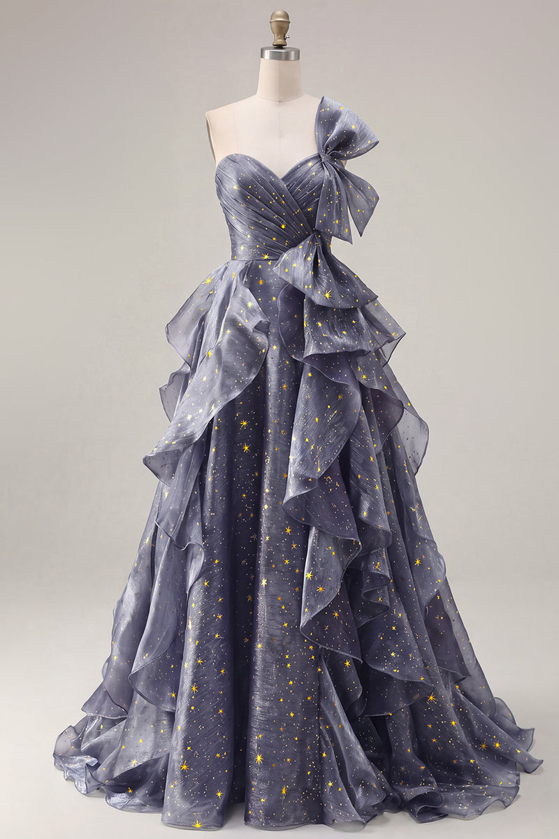 Load image into Gallery viewer, Ruffled Dusty Blue Ruched Long A Line Glitter One Shoulder Prom Dress with Bows