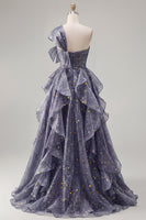 Load image into Gallery viewer, Ruffled Dusty Blue Ruched Long A Line Glitter One Shoulder Prom Dress with Bows