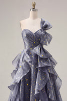 Load image into Gallery viewer, Ruffled Dusty Blue Ruched Long A Line Glitter One Shoulder Prom Dress with Bows