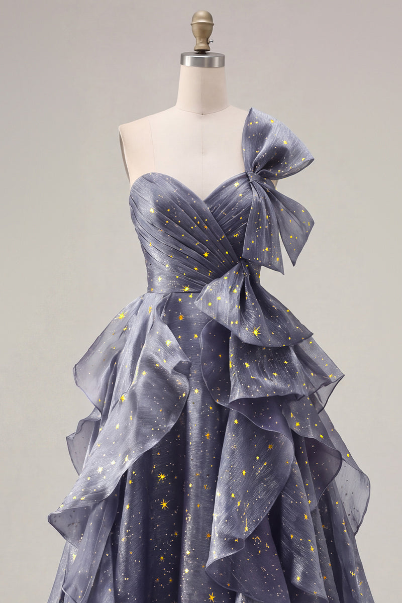 Load image into Gallery viewer, Ruffled Dusty Blue Ruched Long A Line Glitter One Shoulder Prom Dress with Bows