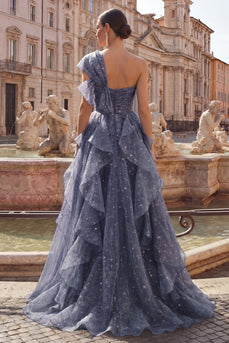 Ruffled Dusty Blue Ruched Long A Line Glitter One Shoulder Prom Dress with Bows