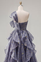 Load image into Gallery viewer, Ruffled Dusty Blue Ruched Long A Line Glitter One Shoulder Prom Dress with Bows
