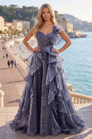 Load image into Gallery viewer, Ruffled Dusty Blue Ruched Long A Line Glitter One Shoulder Prom Dress with Bows