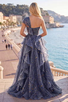 Ruffled Dusty Blue Ruched Long A Line Glitter One Shoulder Prom Dress with Bows