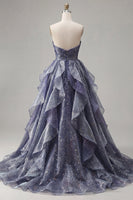 Load image into Gallery viewer, Dusty Blue Long Ruched A Line Strapless Glitter Prom Dress with Ruffles