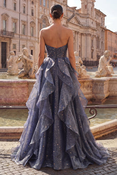 Dusty Blue Long Ruched A Line Strapless Glitter Prom Dress with Ruffles