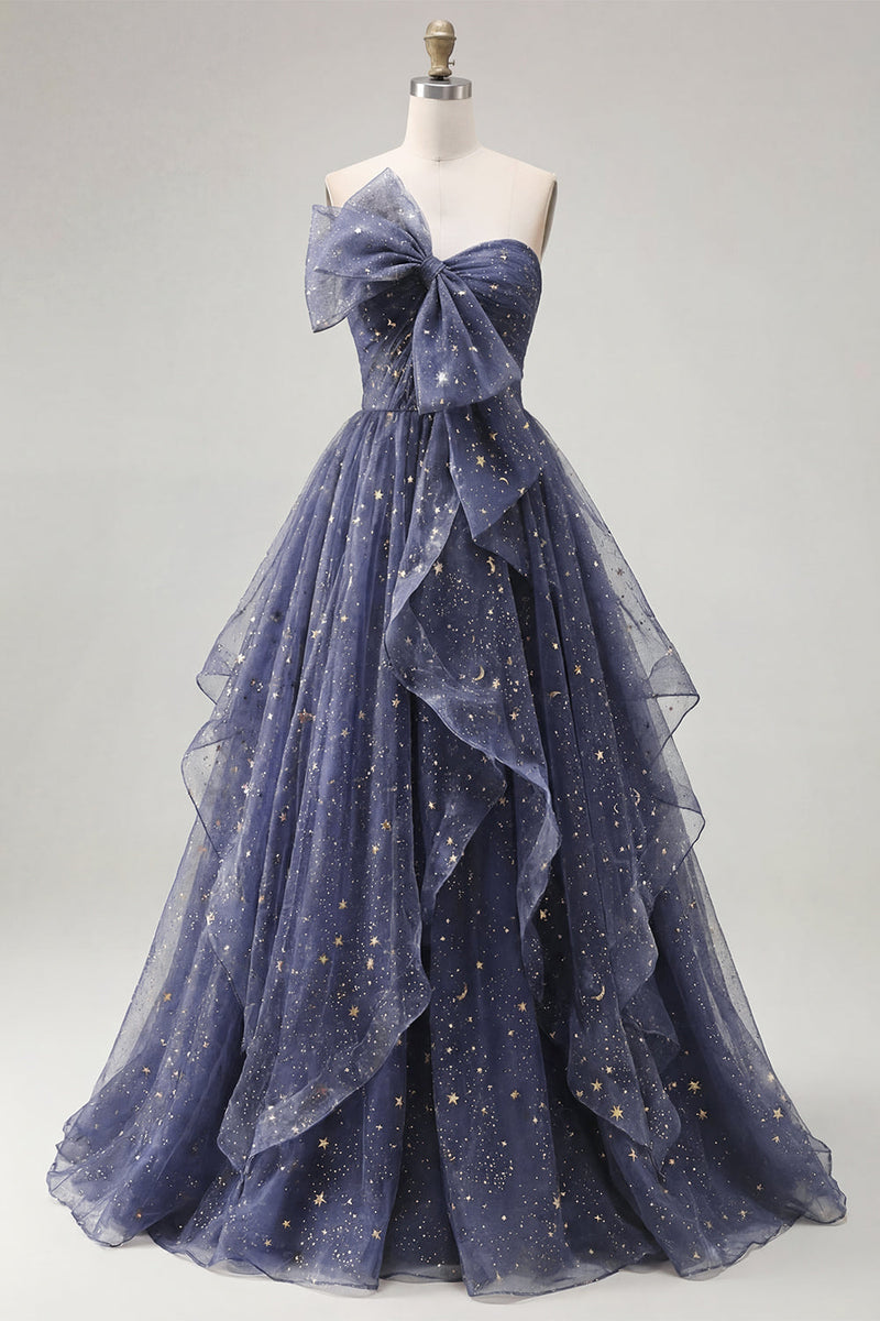 Load image into Gallery viewer, A Line Glitter Ruffled Dusty Blue Strapless Long Prom Dress with Bow