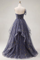 Load image into Gallery viewer, A Line Glitter Ruffled Dusty Blue Strapless Long Prom Dress with Bow