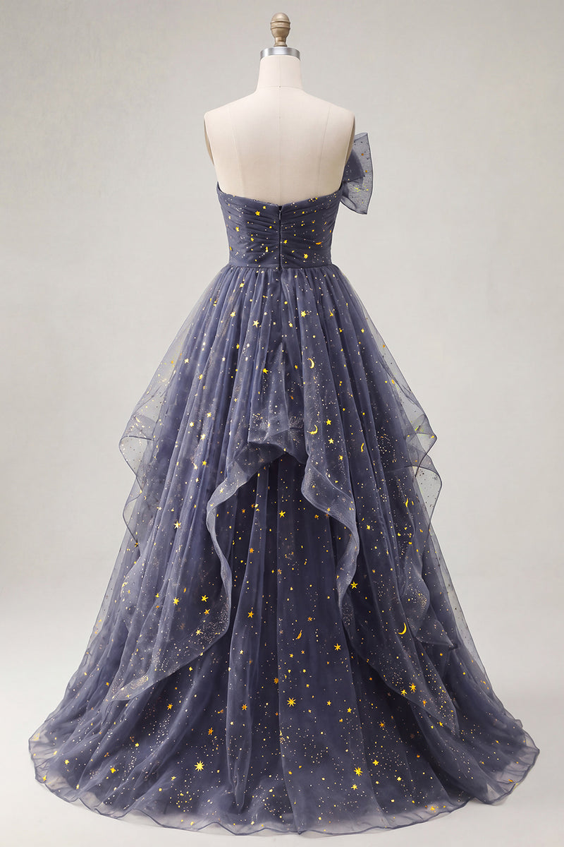 Load image into Gallery viewer, A Line Glitter Ruffled Dusty Blue Strapless Long Prom Dress with Bow