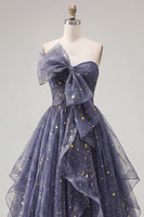 Load image into Gallery viewer, A Line Glitter Ruffled Dusty Blue Strapless Long Prom Dress with Bow
