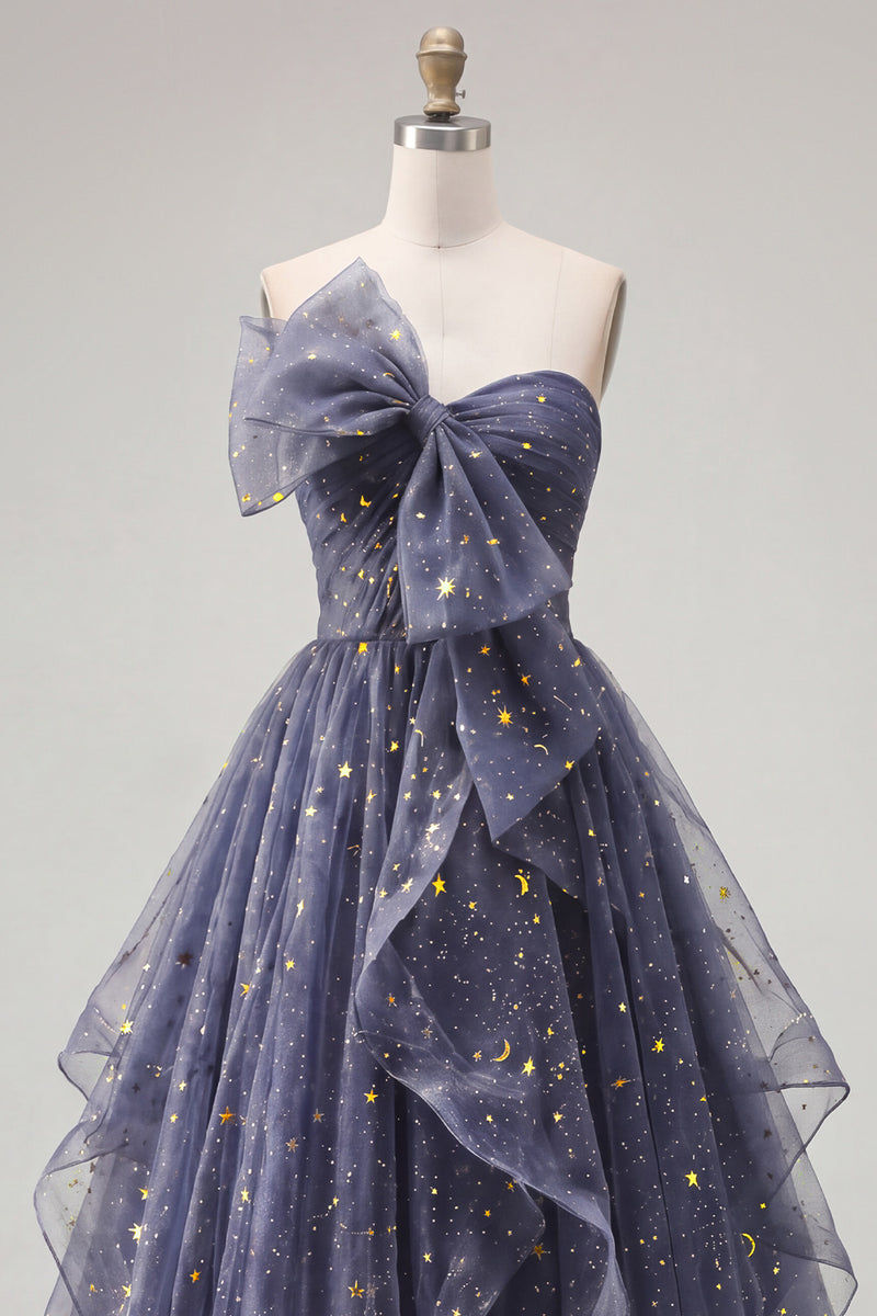 Load image into Gallery viewer, A Line Glitter Ruffled Dusty Blue Strapless Long Prom Dress with Bow