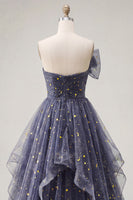 Load image into Gallery viewer, A Line Glitter Ruffled Dusty Blue Strapless Long Prom Dress with Bow
