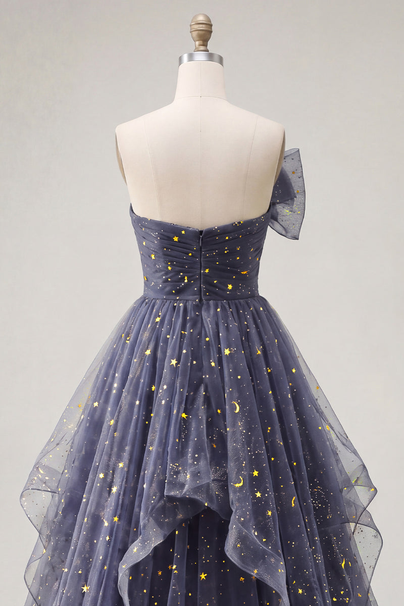 Load image into Gallery viewer, A Line Glitter Ruffled Dusty Blue Strapless Long Prom Dress with Bow