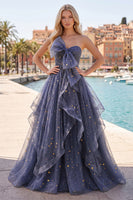 Load image into Gallery viewer, A Line Glitter Ruffled Dusty Blue Strapless Long Prom Dress with Bow