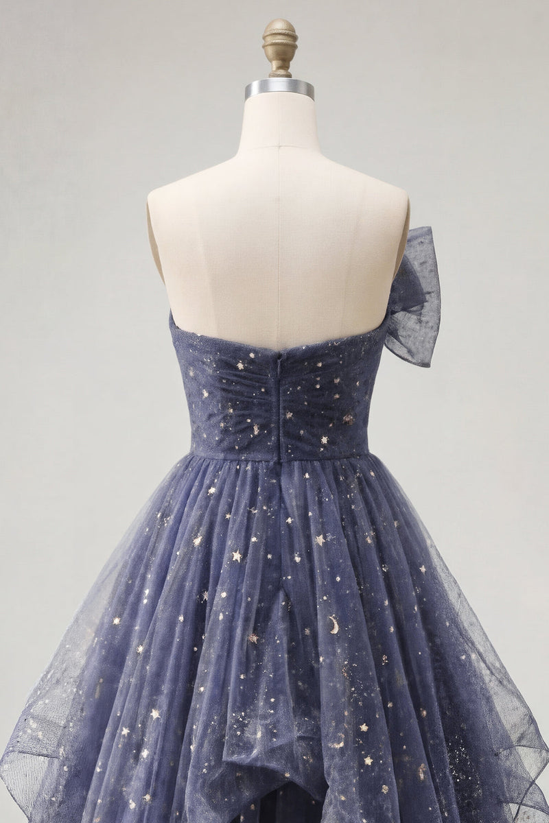 Load image into Gallery viewer, A Line Glitter Ruffled Dusty Blue Strapless Long Prom Dress with Bow