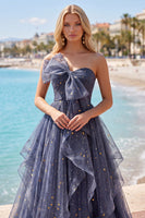 Load image into Gallery viewer, A Line Glitter Ruffled Dusty Blue Strapless Long Prom Dress with Bow