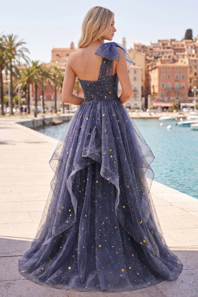 Load image into Gallery viewer, A Line Glitter Ruffled Dusty Blue Strapless Long Prom Dress with Bow