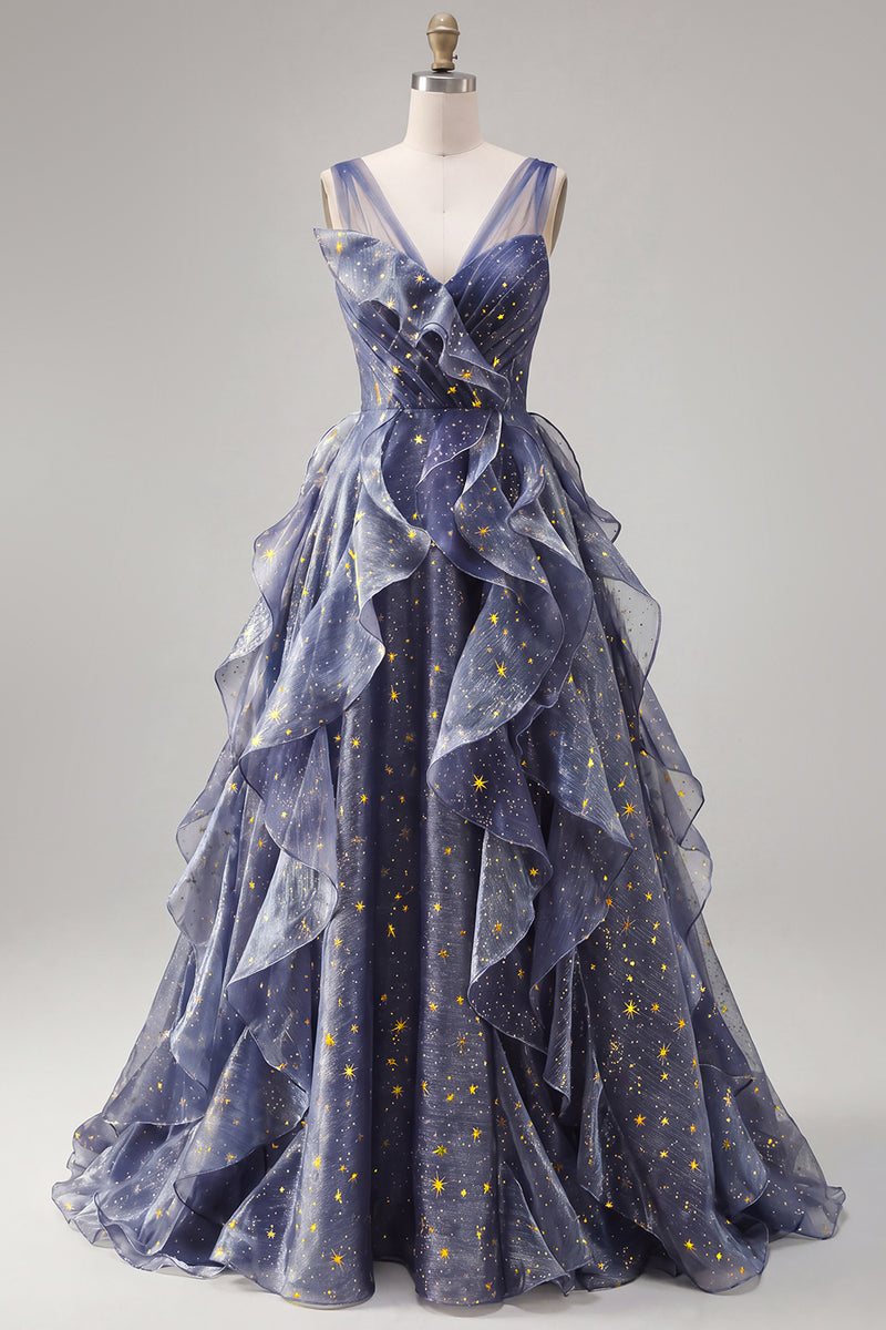 Load image into Gallery viewer, Sparkly V-Neck Dusty Blue Ruched Long A Line Prom Dress with Ruffles