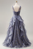 Load image into Gallery viewer, Sparkly V-Neck Dusty Blue Ruched Long A Line Prom Dress with Ruffles