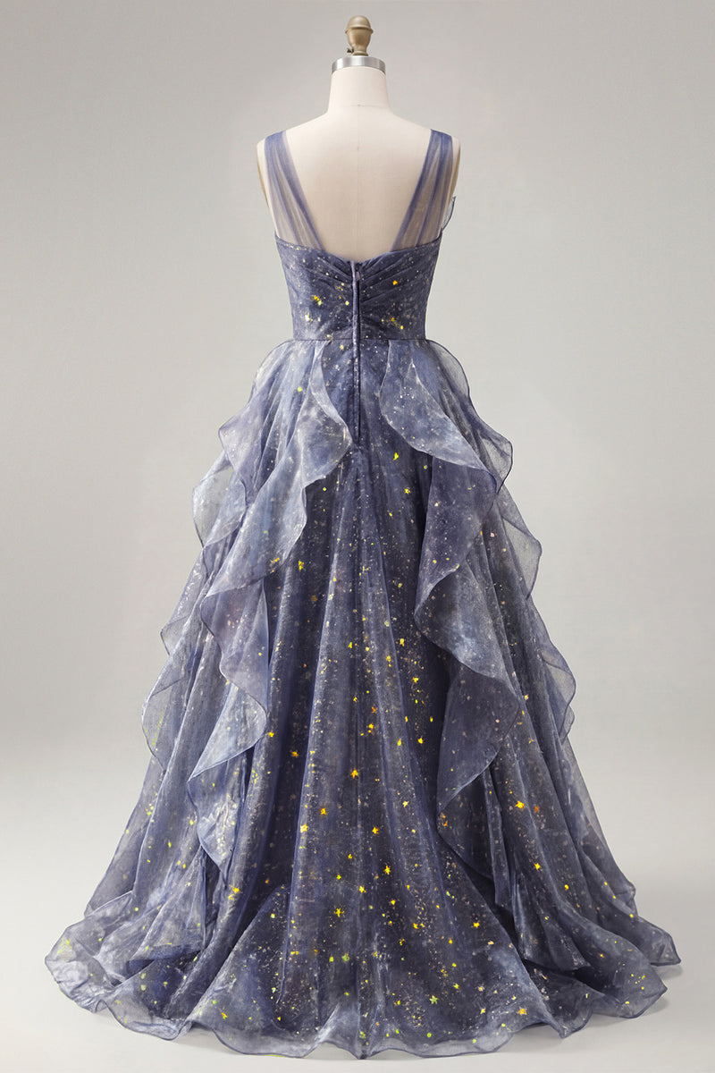 Load image into Gallery viewer, Sparkly V-Neck Dusty Blue Ruched Long A Line Prom Dress with Ruffles